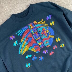 Vintage 90s Native American Rotinonhsioni‎ Rabbit Bear Colorful Sweatshirt